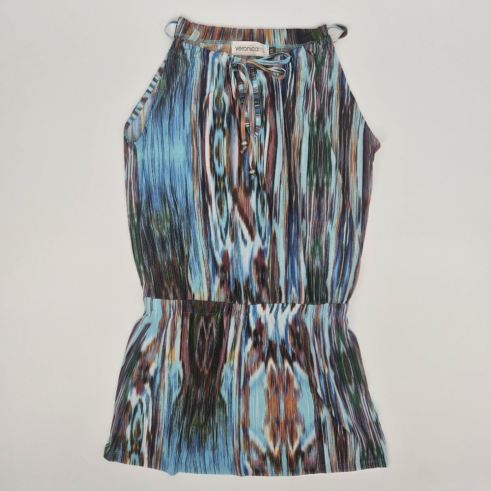 Veronica M Y2K Blue Ikat Halter Mini Dress Boho Resort Stretch
